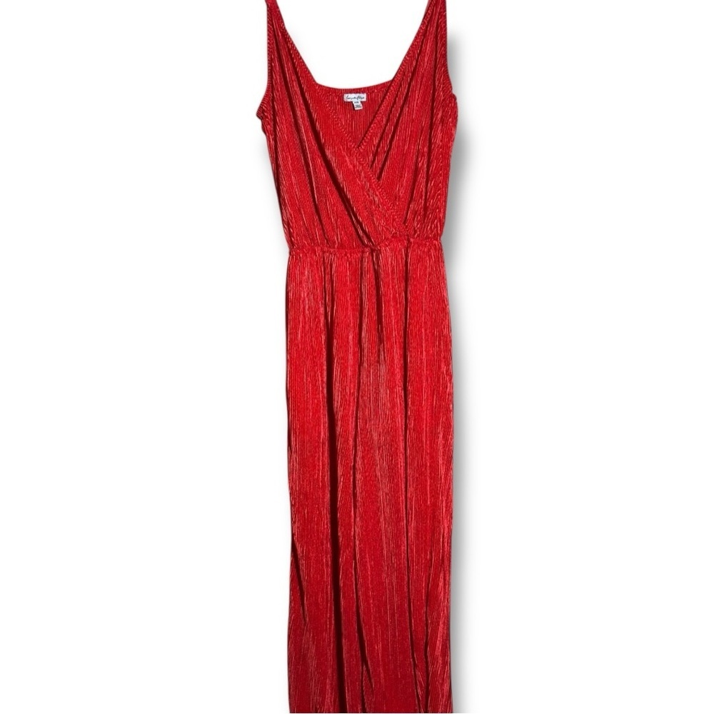 love, Fire Vibrant V Neck Wrap Style Top Sleeveless Flowy Red Wide Leg Jumpsuit - Picture 14 of 15